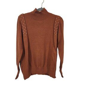 Stylewe Knit Mock Neck Pearl Studded‎ Sweater in Brown - Size Large